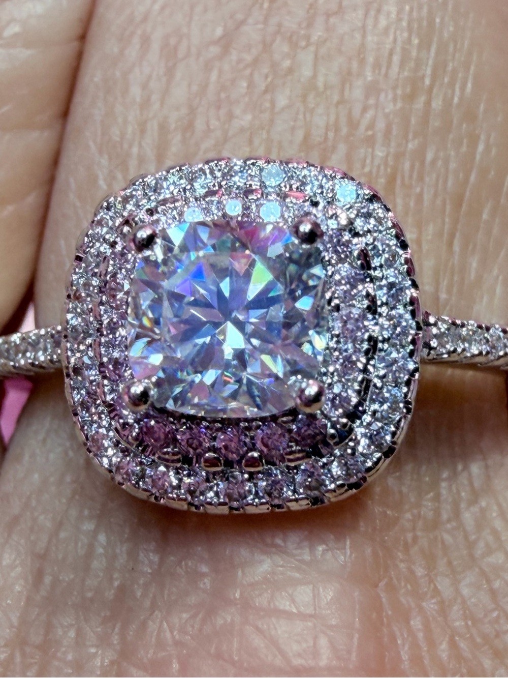 Classic Moissanite Cushion Double Halo SS Ring with Rose Gold Halo Pave' Band